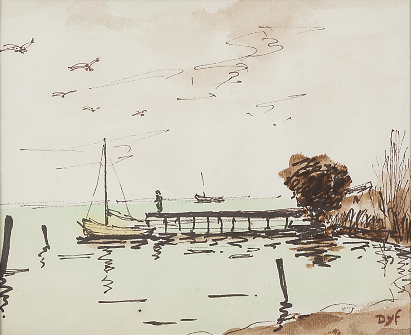Coastal sketch with boat at rest