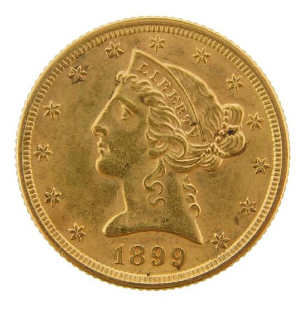 COIN: 1899 US $5 GOLD COIN.