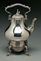 Coin silver hot water kettle,