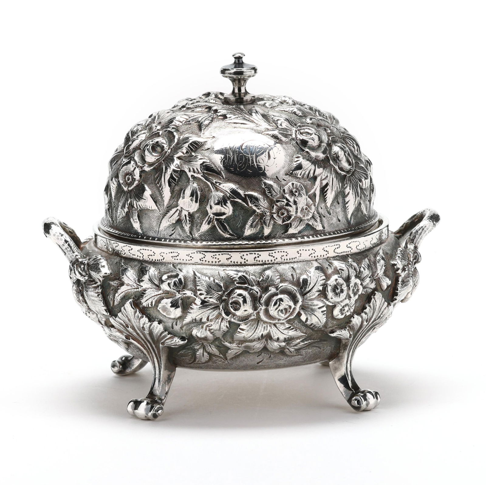 COIN SILVER REPOUSSE BUTTER DISH,