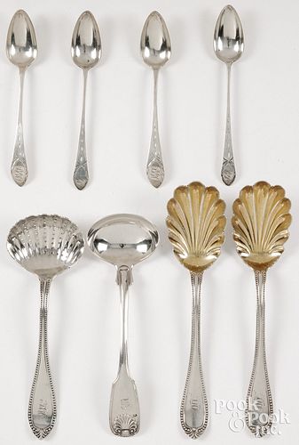 COIN SILVER SPOONS AND SERVING