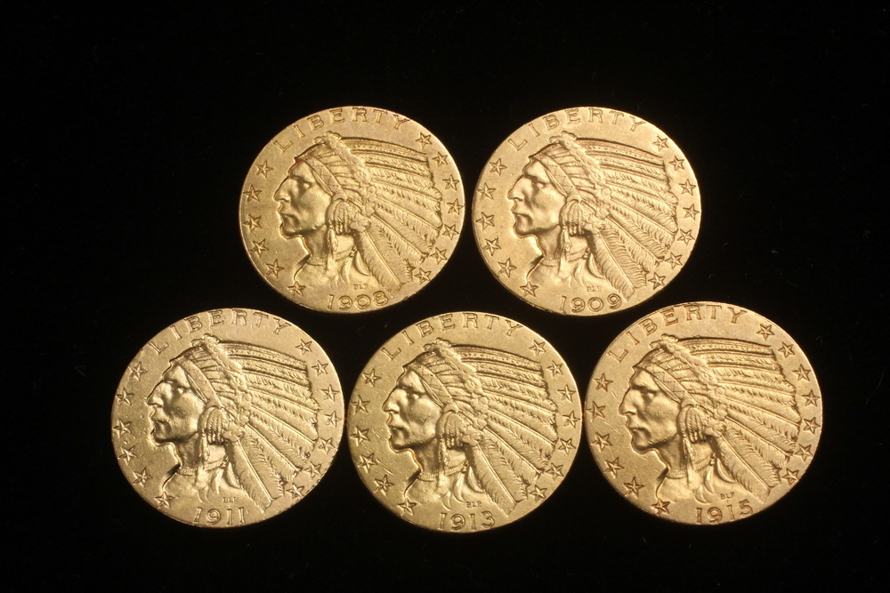 COINS - (5) Indian head gold pieces