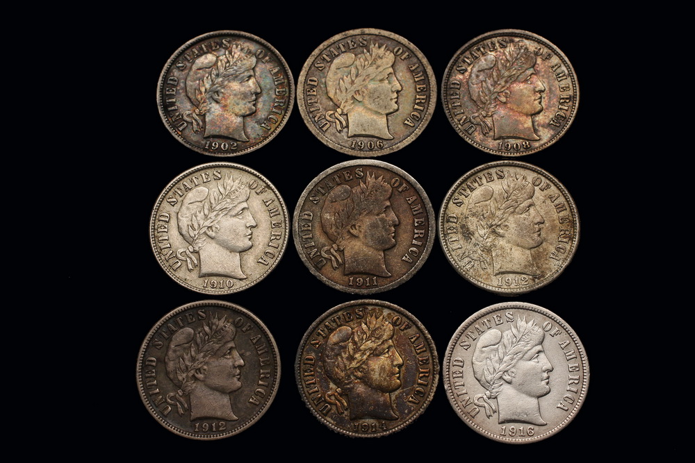 COINS - (9) Barber dimes: 1902;