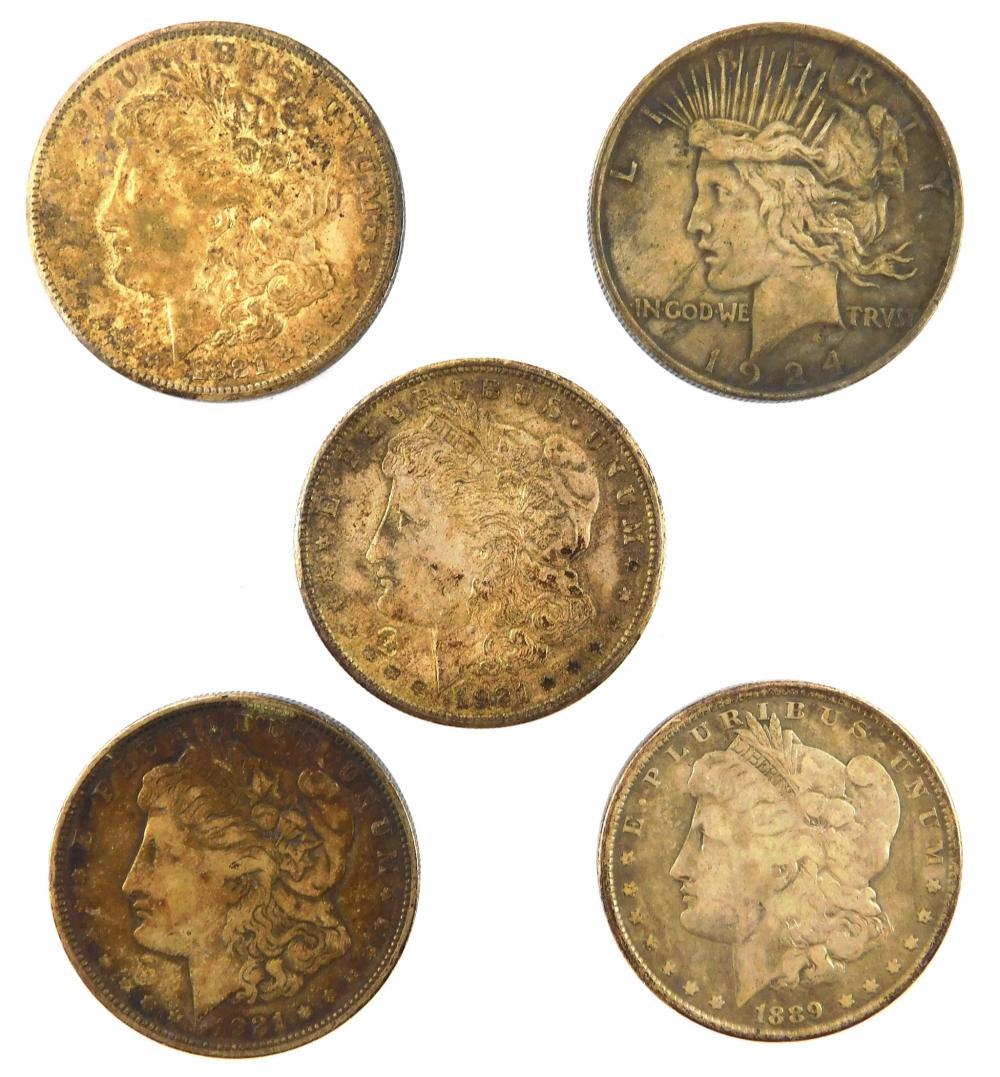 COINS: FIVE US SILVER DOLLARS,