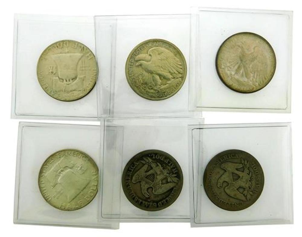 COINS: LOT OF 6 HALF DOLLARS.