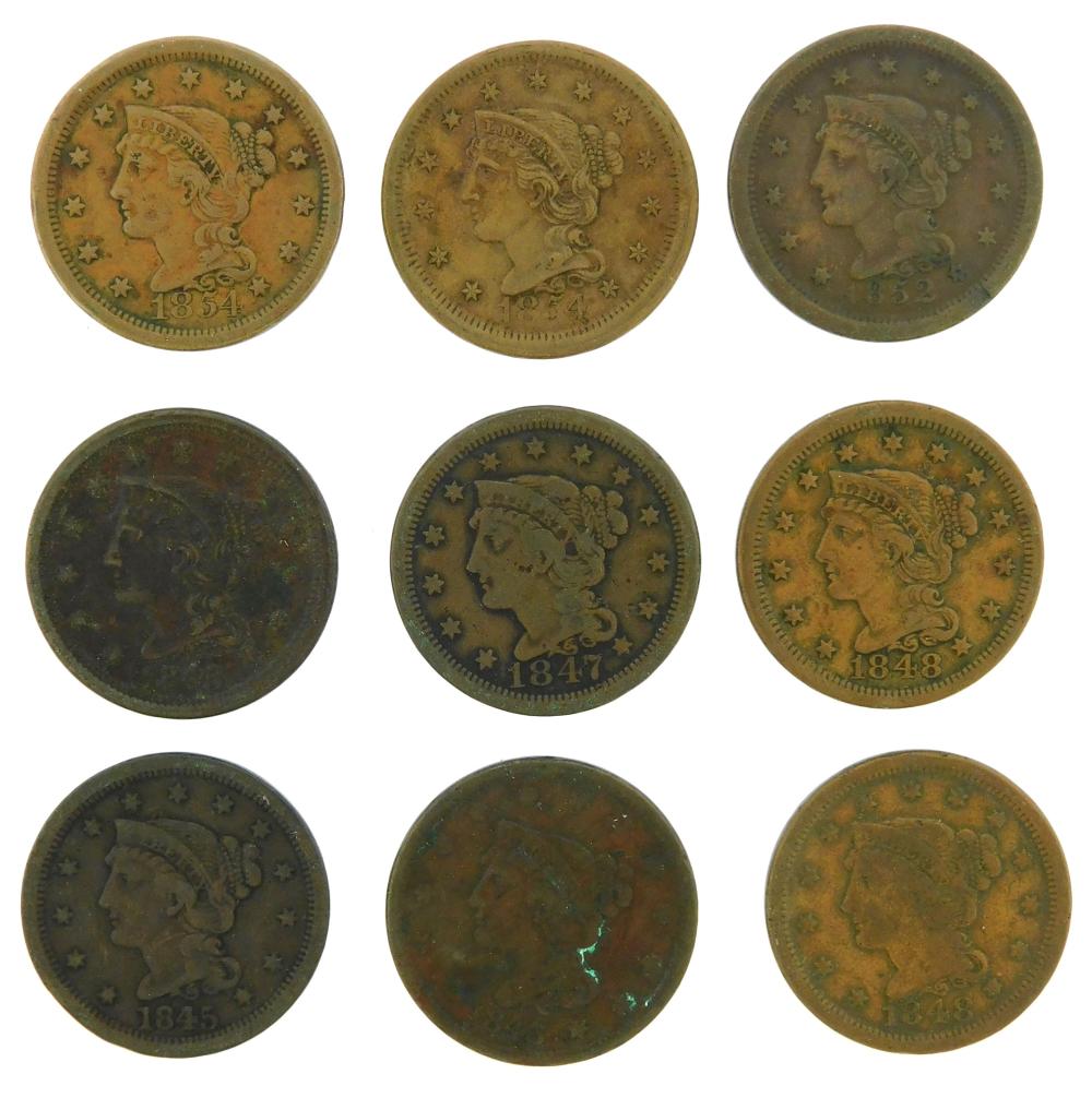 COINS: LOT OF NINE BRAIDED HAIR