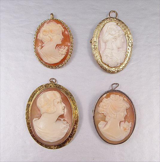 COLLECTION OF 4 CAMEO PINS: Two 14K
