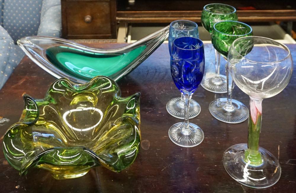 COLLECTION OF COLORED GLASS FLUTES,