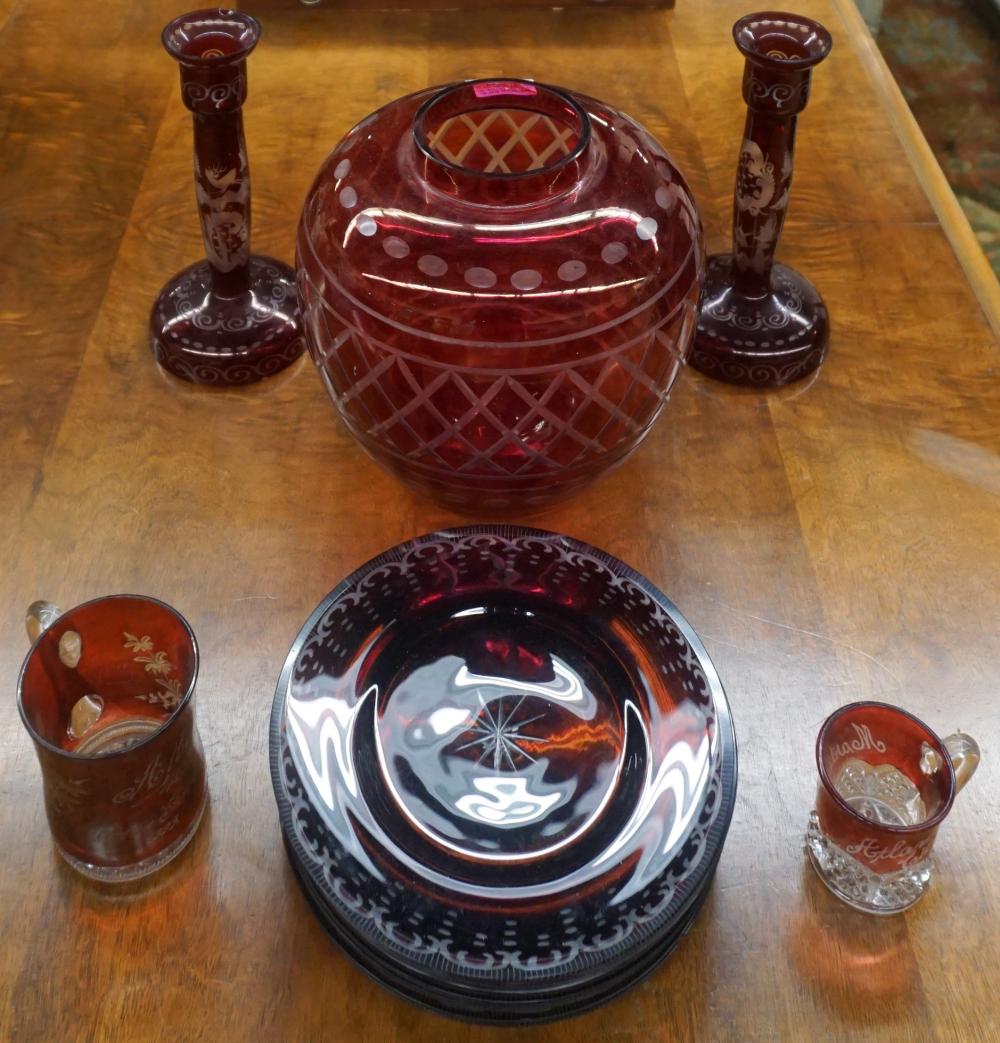 COLLECTION OF CRANBERRY GLASS TABLE