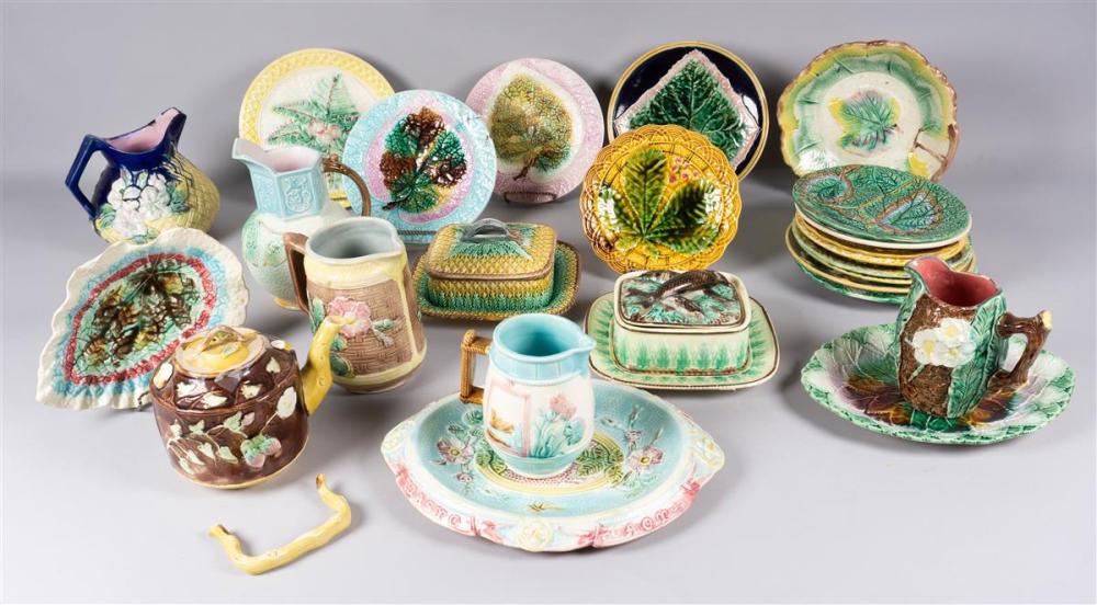 COLLECTION OF MAJOLICA ITEMS,