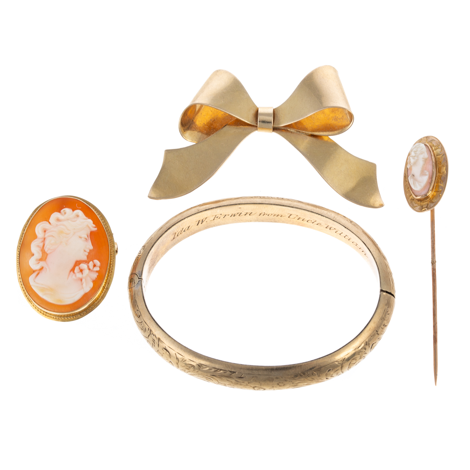 COLLECTION OF PINS & BANGLE IN GOLD