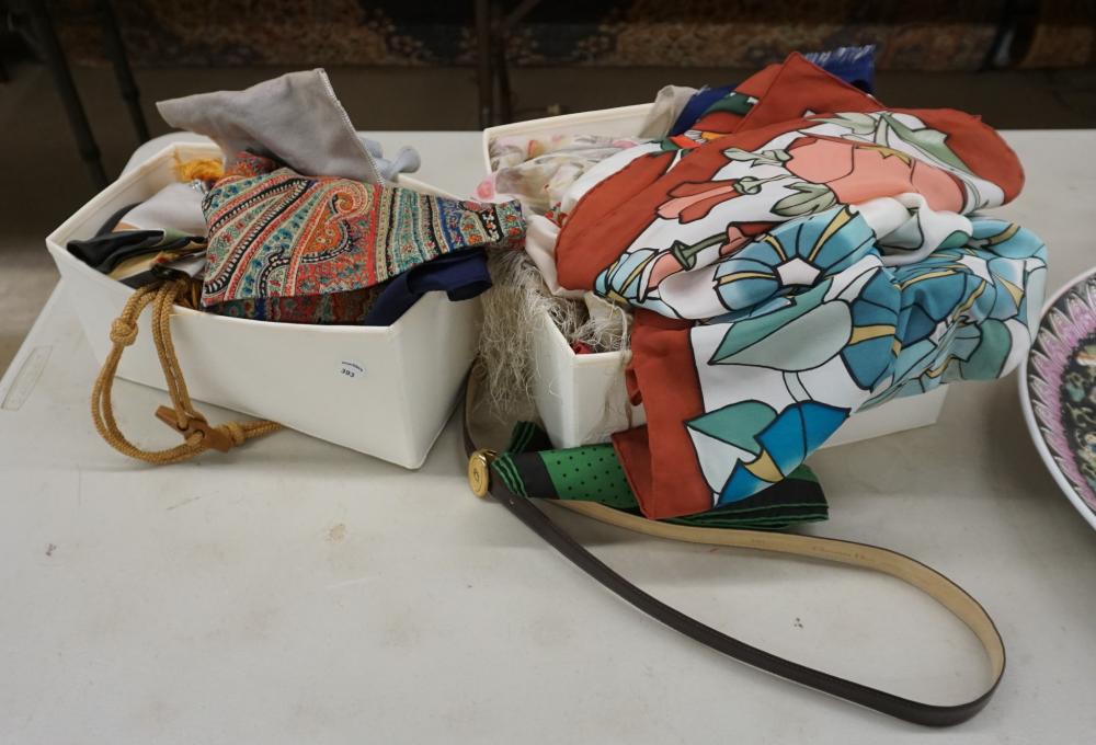 COLLECTION OF SILK SCARVES, BELTS