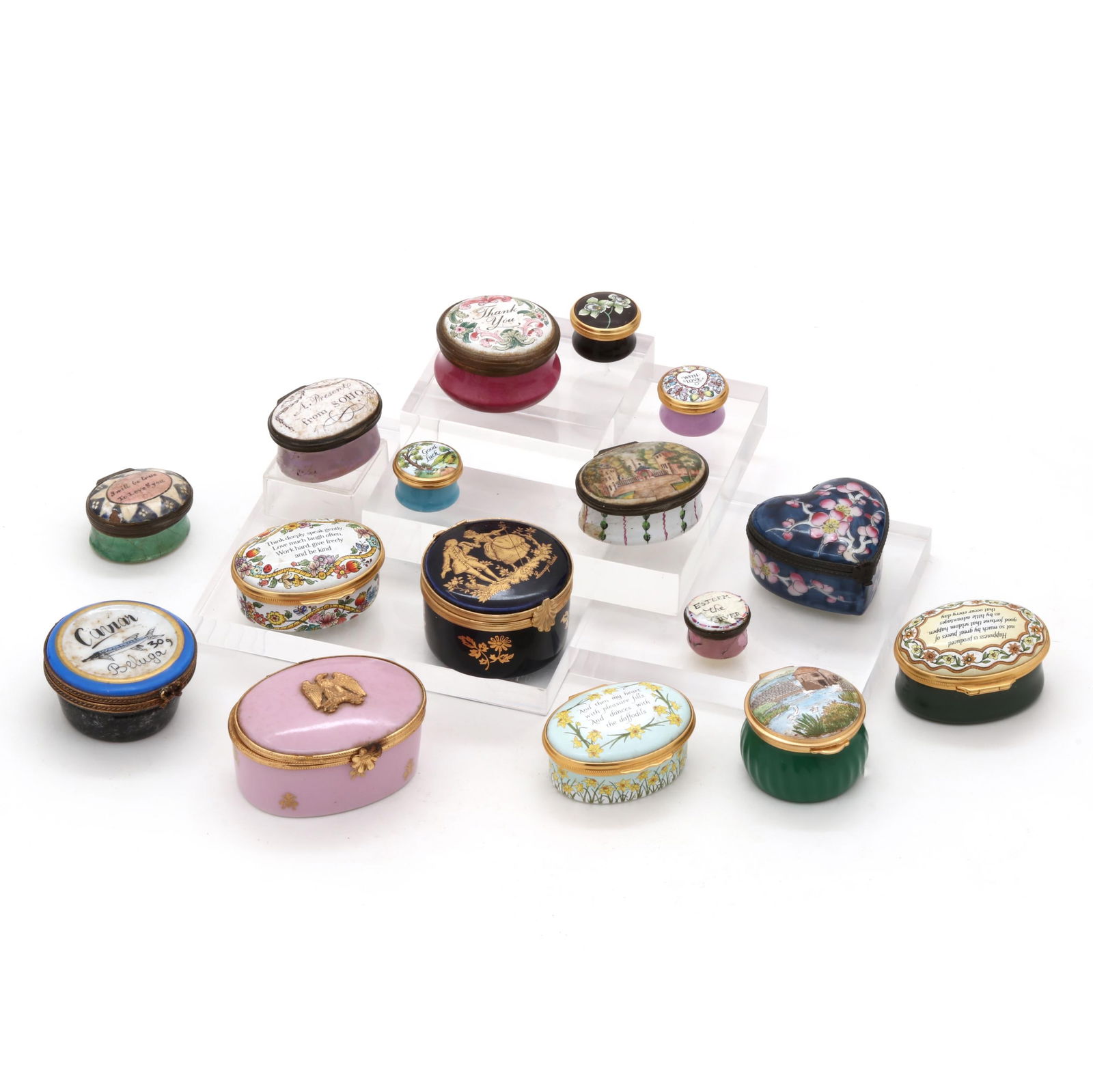 COLLECTION OF SIXTEEN ENAMELED PILL