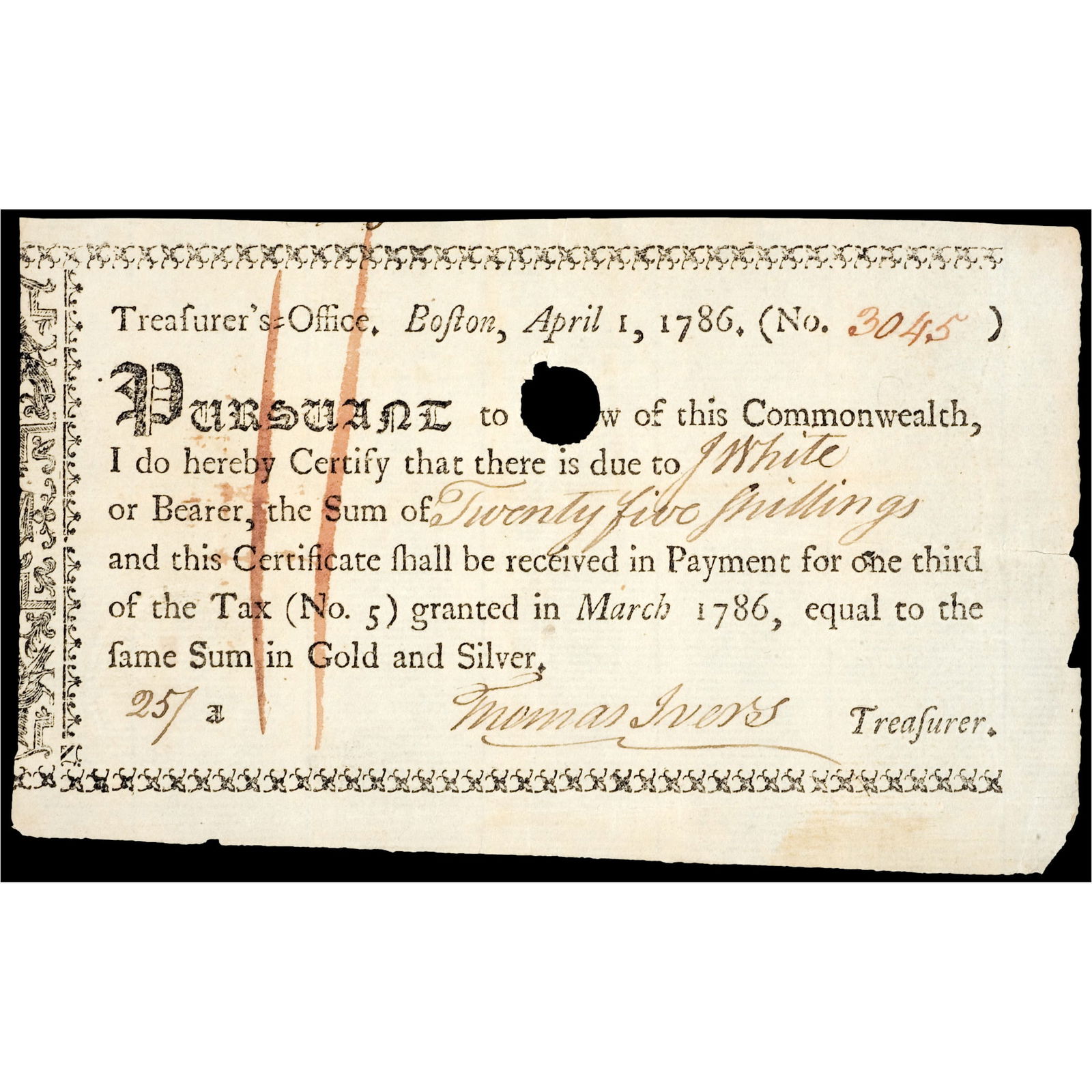 COLONIAL CURRENCY, APRIL 1, 1786,