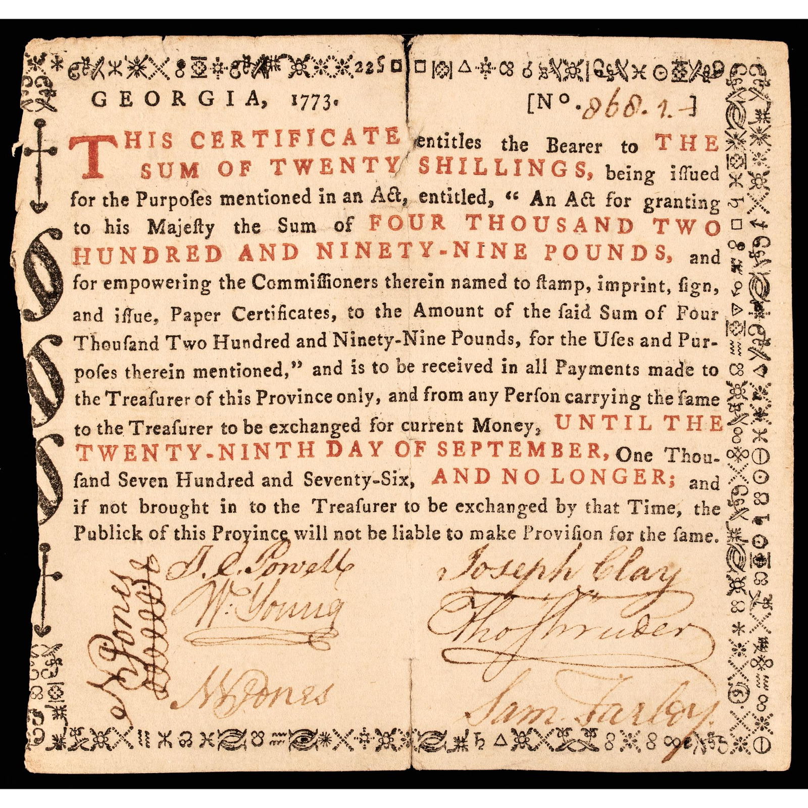 COLONIAL CURRENCY, GA. 1773 20S