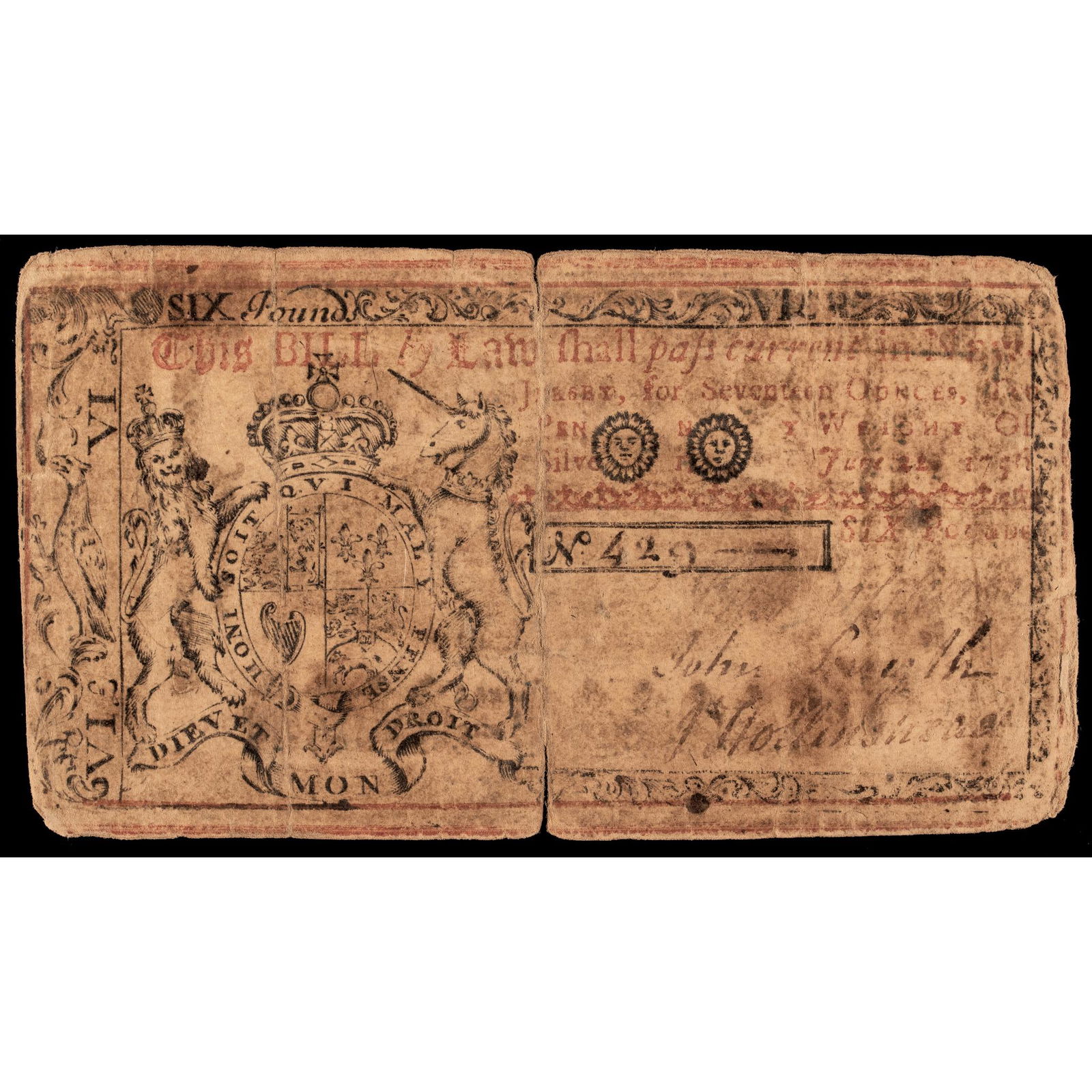 COLONIAL CURRENCY NJ. 1756 6 POUNDS