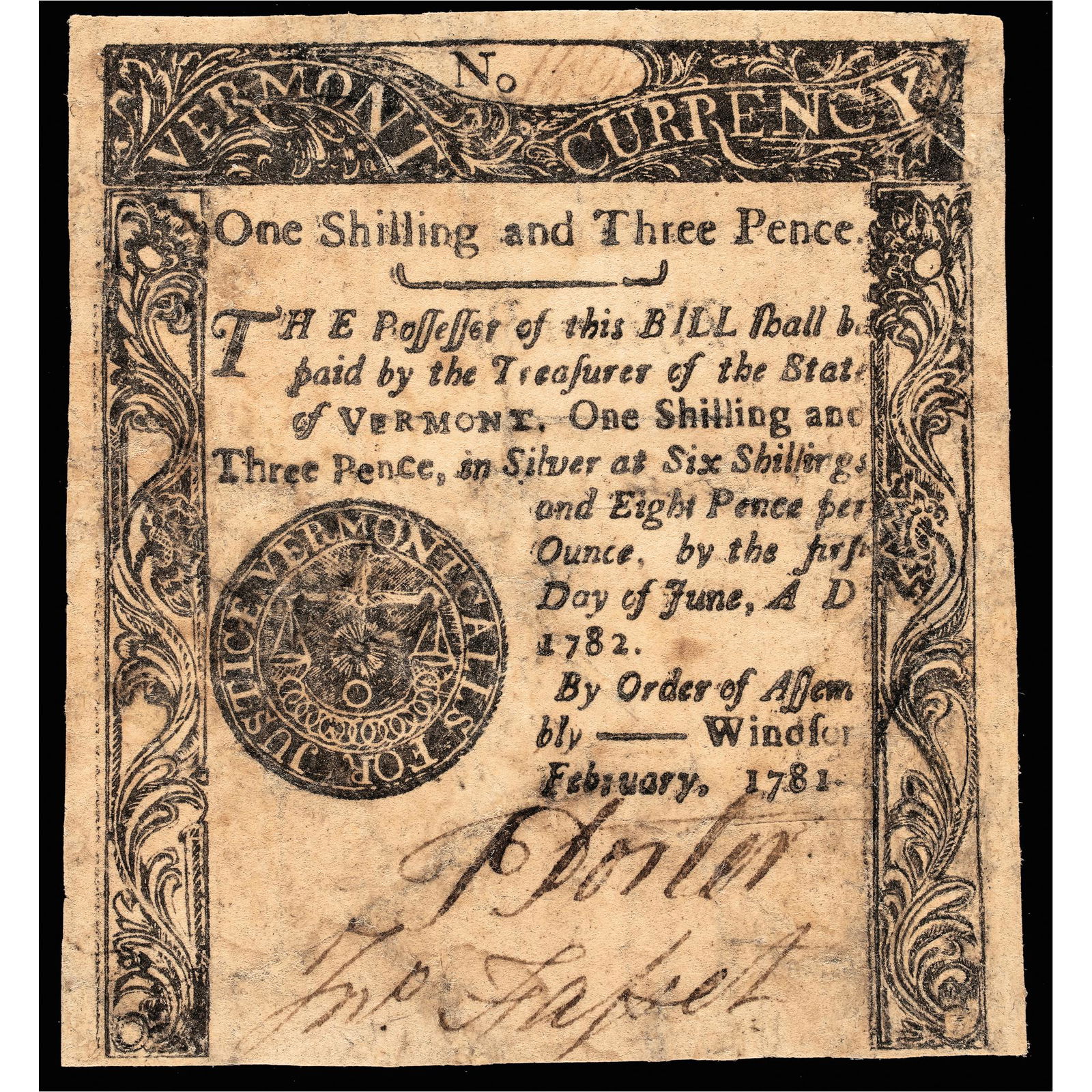 COLONIAL CURRENCY NOTE, VERMONT,