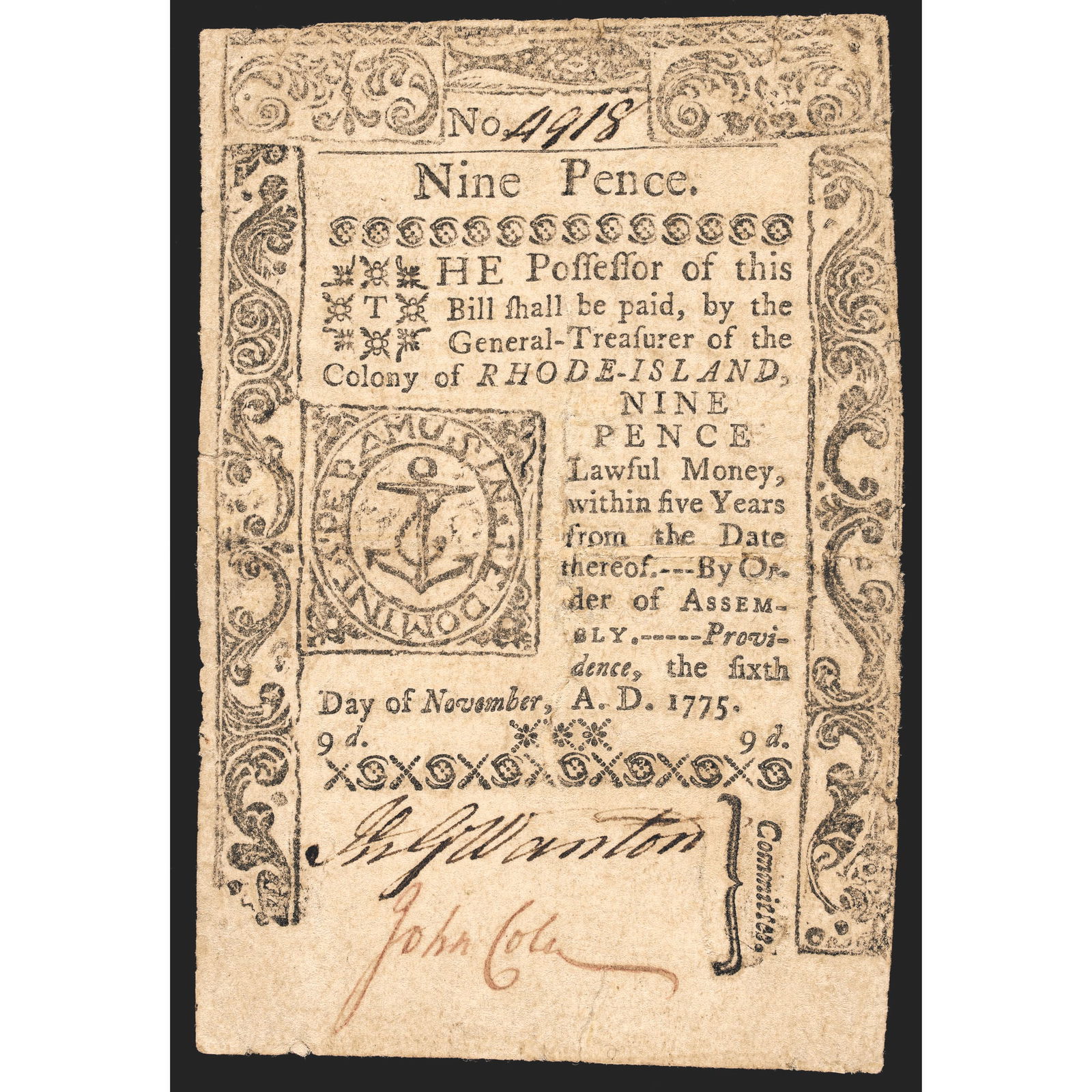 COLONIAL CURRENCY, RI. NOV. 6, 1775