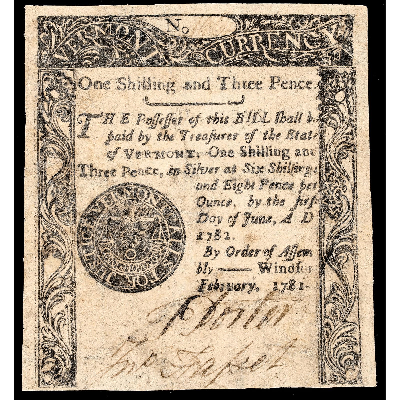 COLONIAL CURRENCY, VERMONT FEB.