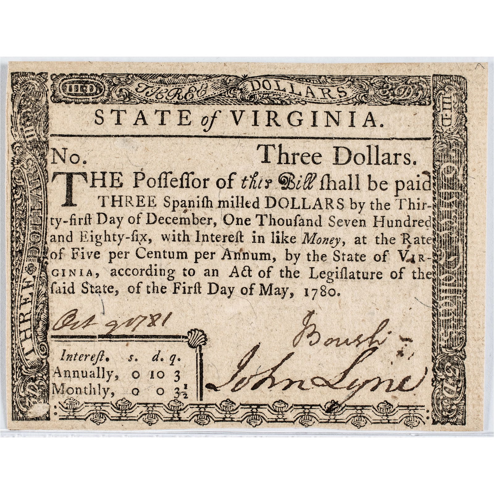 COLONIAL CURRENCY, VIRGINIA MAY