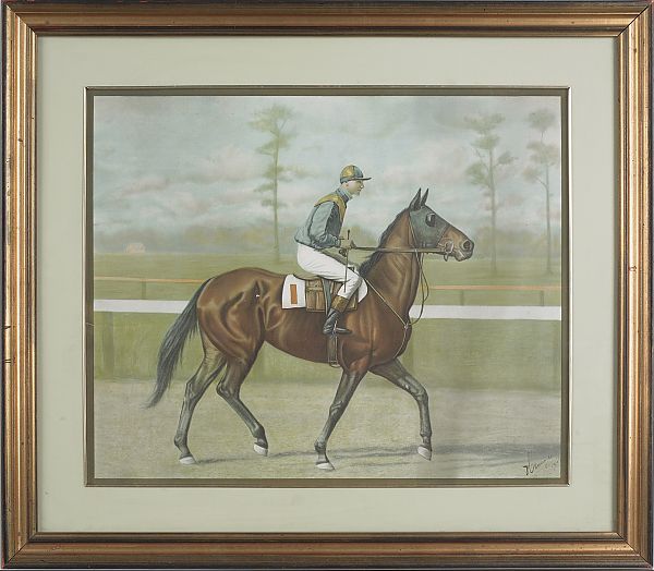 Color lithograph of a jockey on a