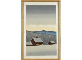 Color woodblock print of barns in