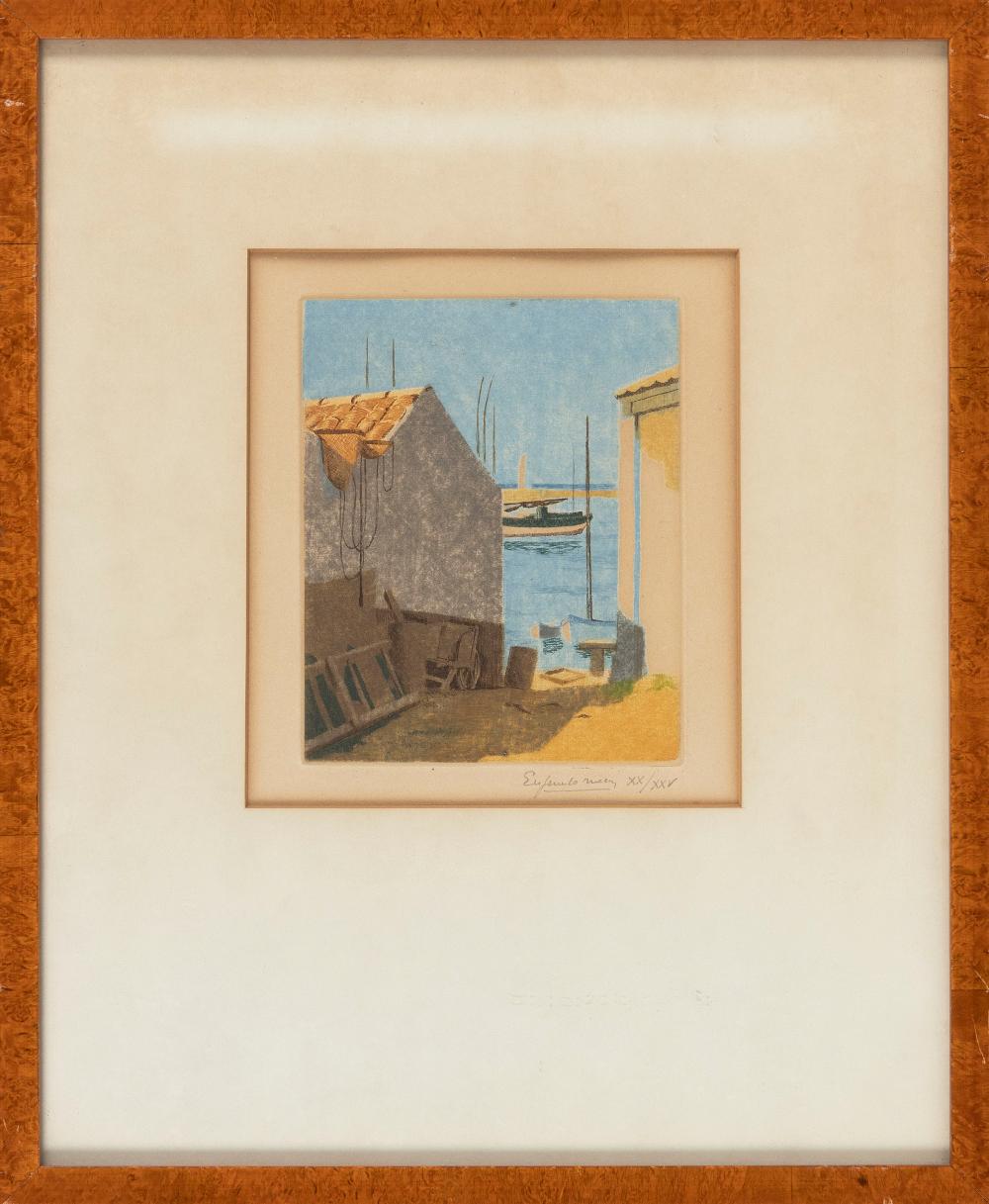 COLORED ETCHING OF A HARBOR SCENE