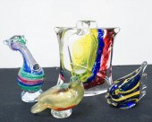 COLORED GLASS VASE AND THREE A