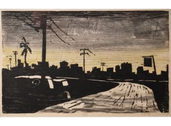 Colored woodblock city skyline