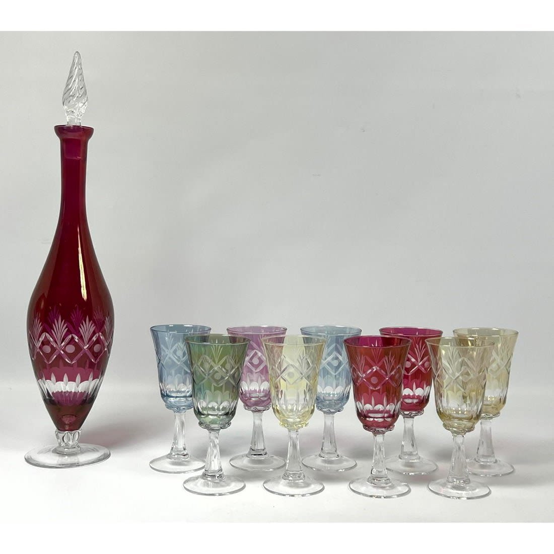 Colorful etched Decanter set with 9