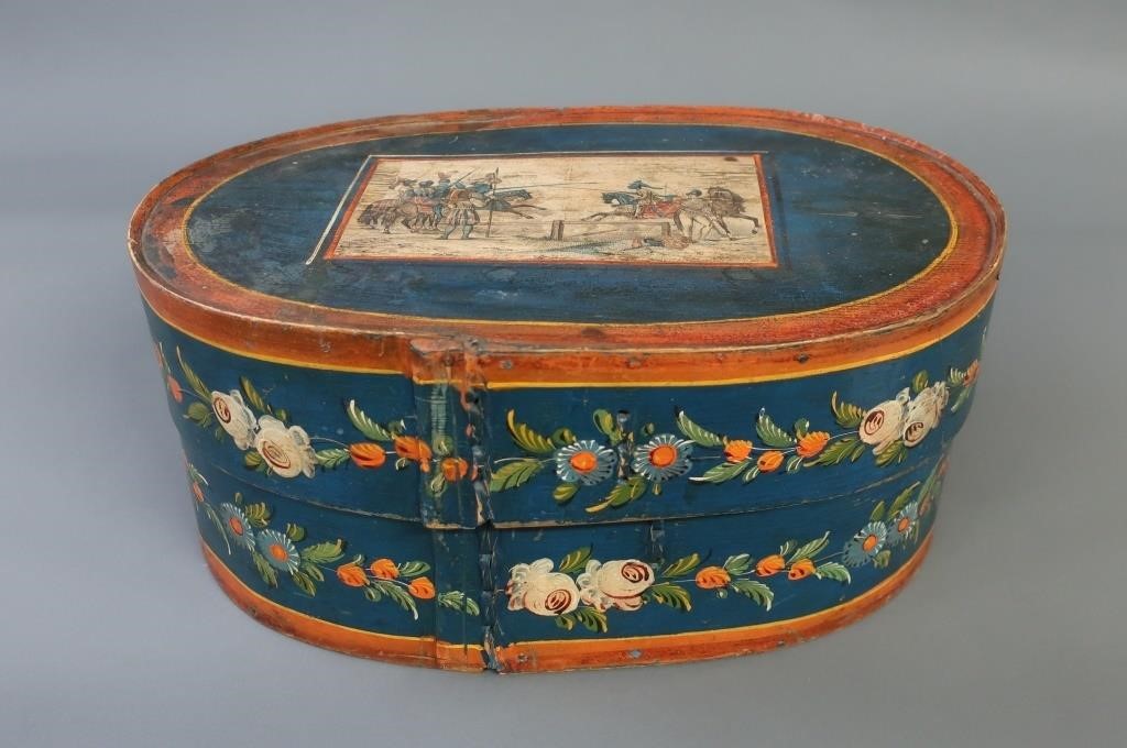 Colorful oval bride's box, 19th c.,