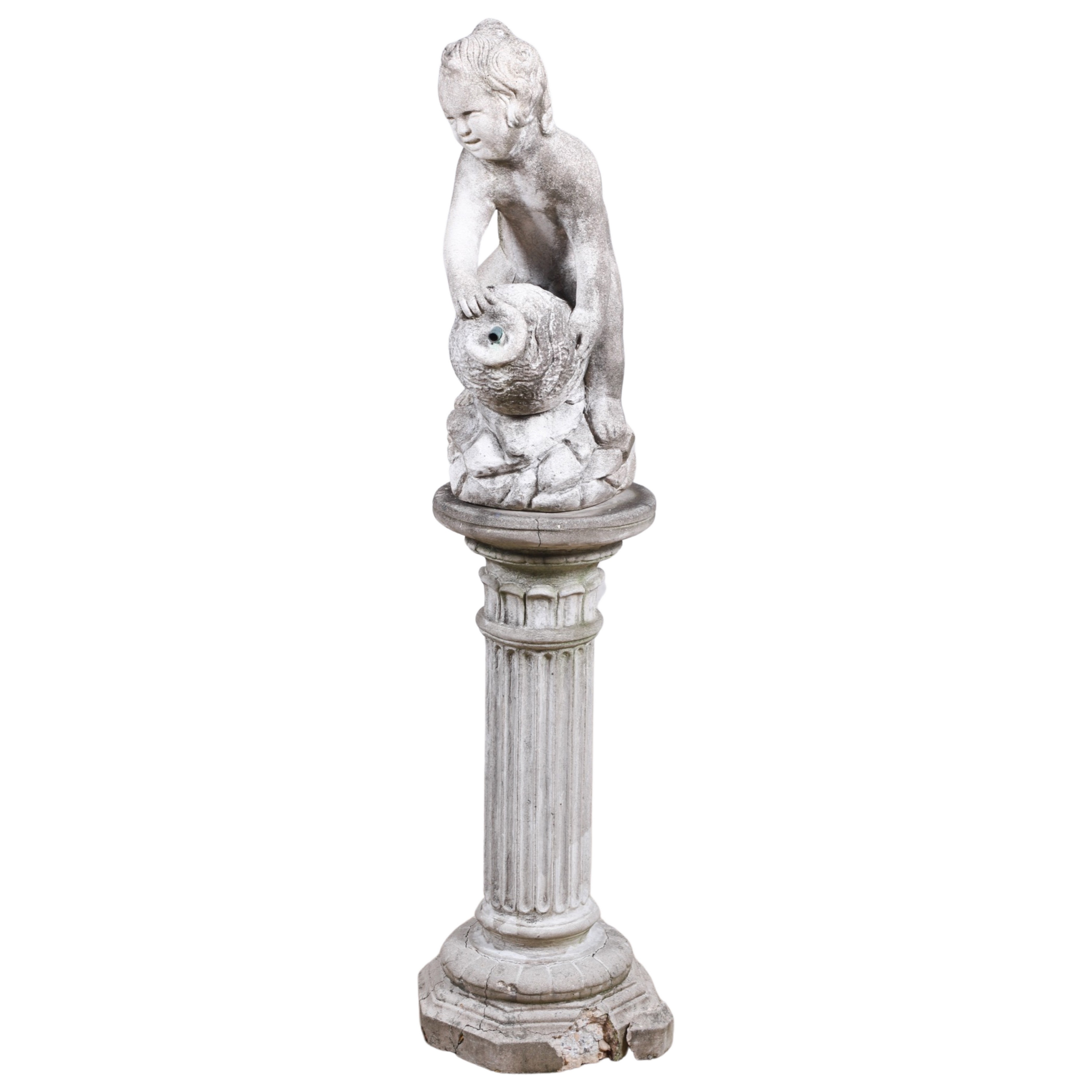 Concrete putti w/ jug fountain on
