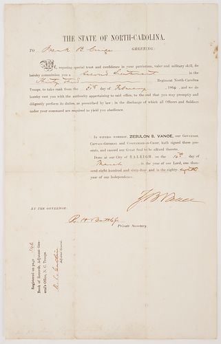 CONFEDERATE Z.B. VANCE SIGNED WAR
