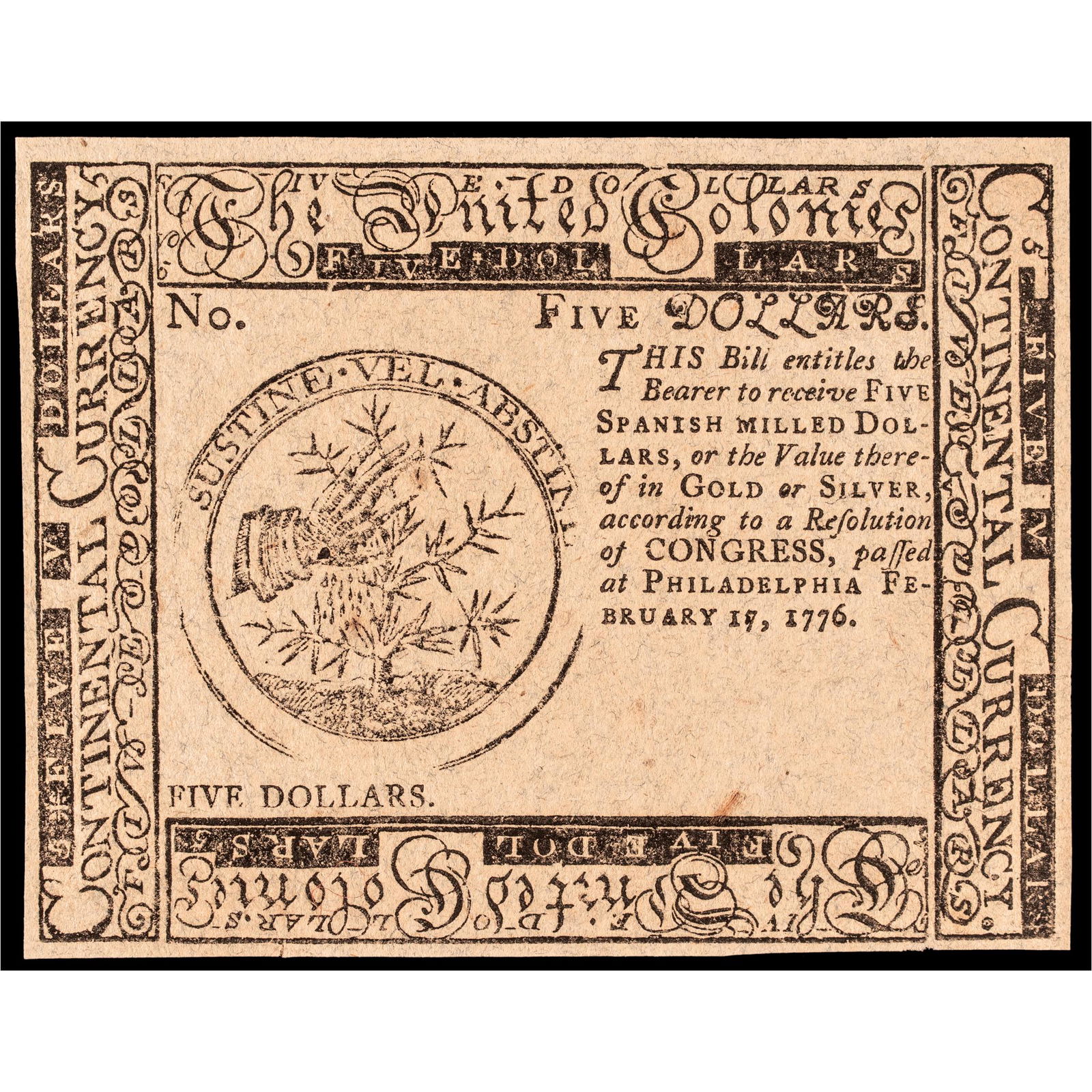 CONTINENTAL, FEB. 1776 $5 BLUE