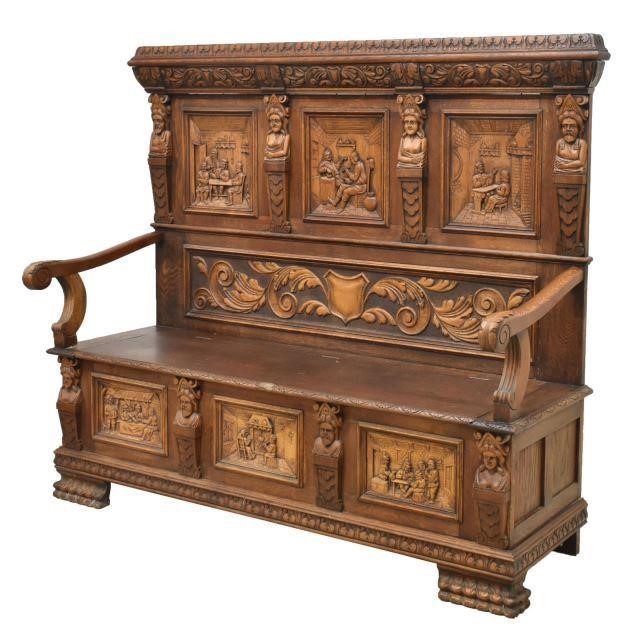 CONTINENTAL OAK HALL BENCH CARVED
