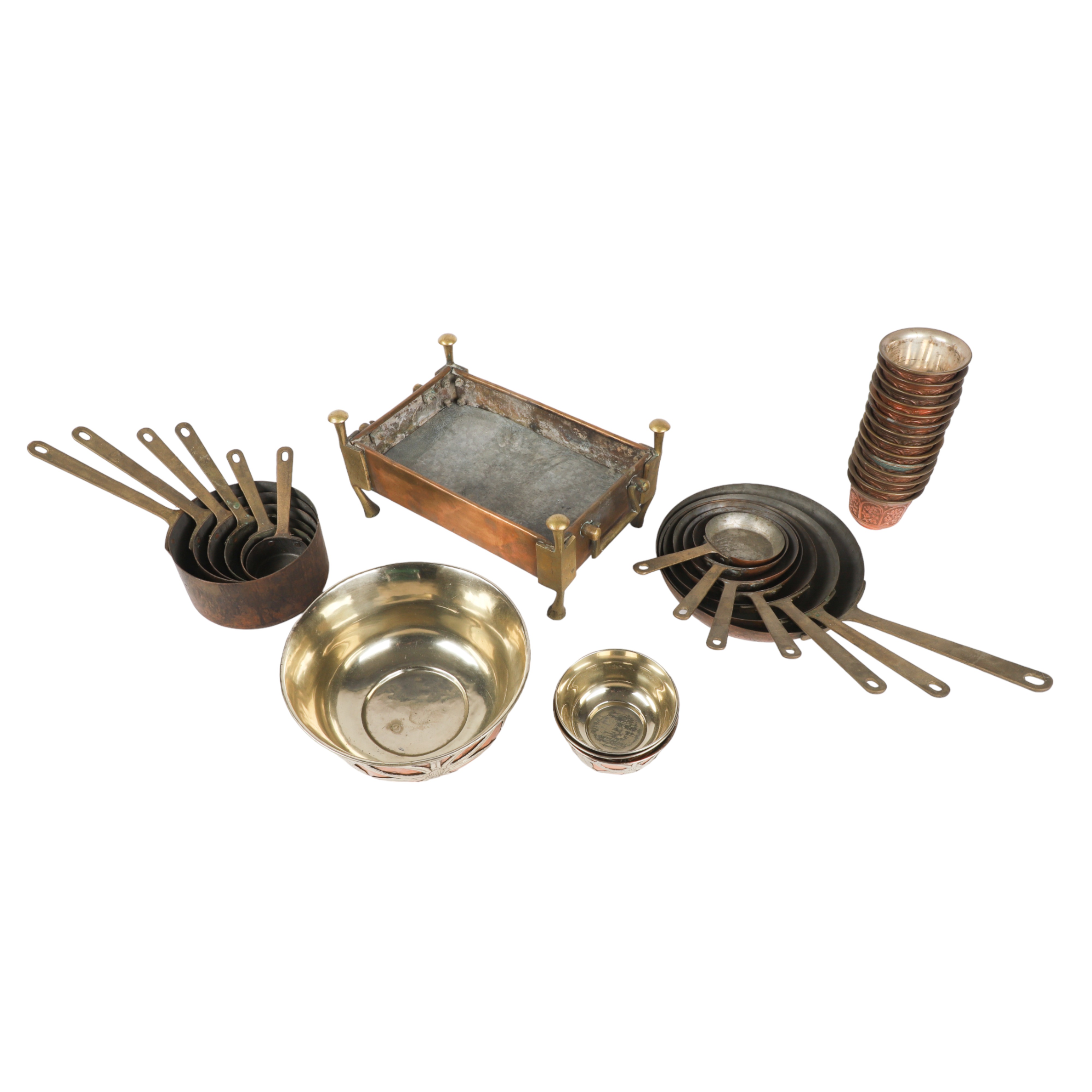 Copper and brass cups, bowls,