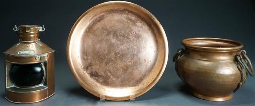 COPPER LANTERN, TRAY AND TWO HANDLE