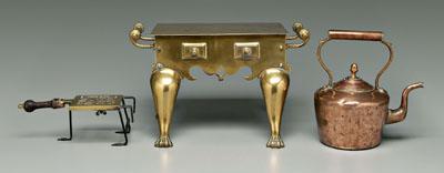 Copper teapot, brass trivet,