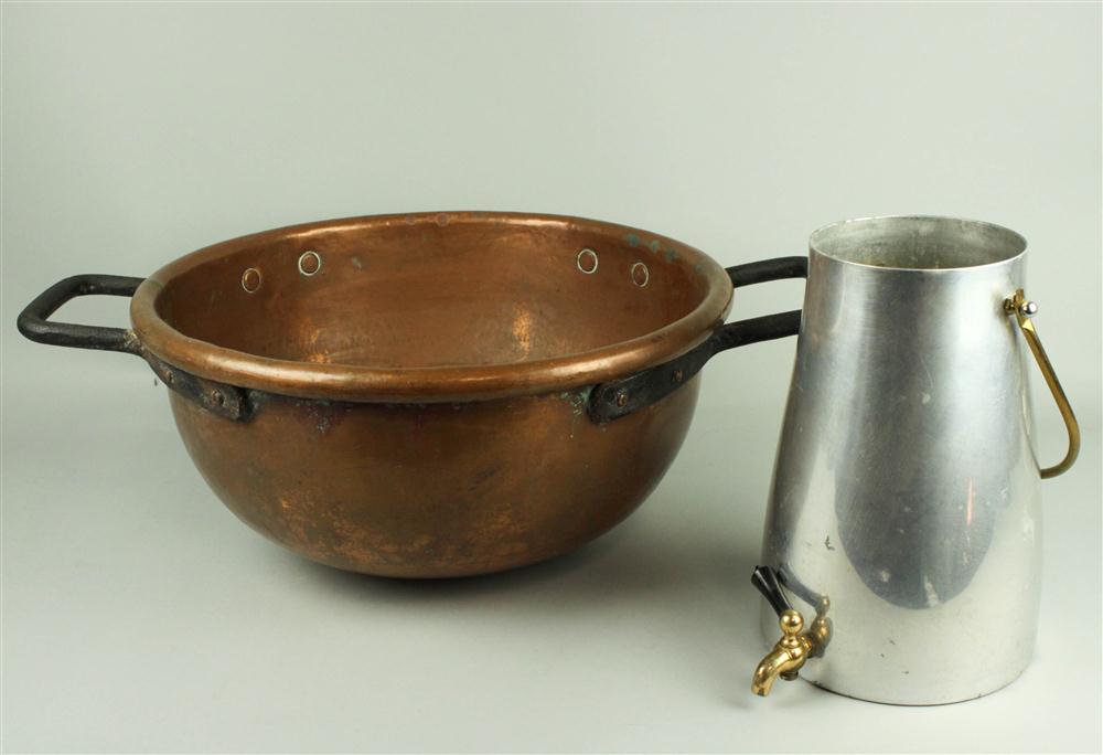 COPPER TWO-HANDLED CAULDRON AND