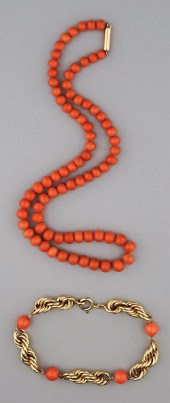 CORAL AND 14K YELLOW GOLD BRAC