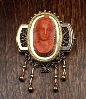 CORAL CAMEO AND GOLD PENDANT/B