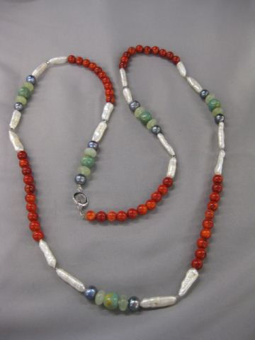 Coral Pearl & Jade Necklace a
