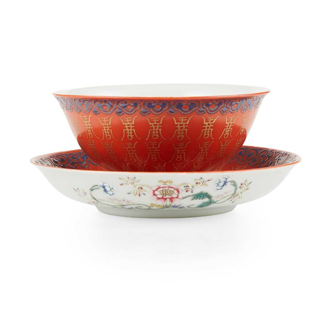 CORAL-RED-GROUND GILT-DECORATED