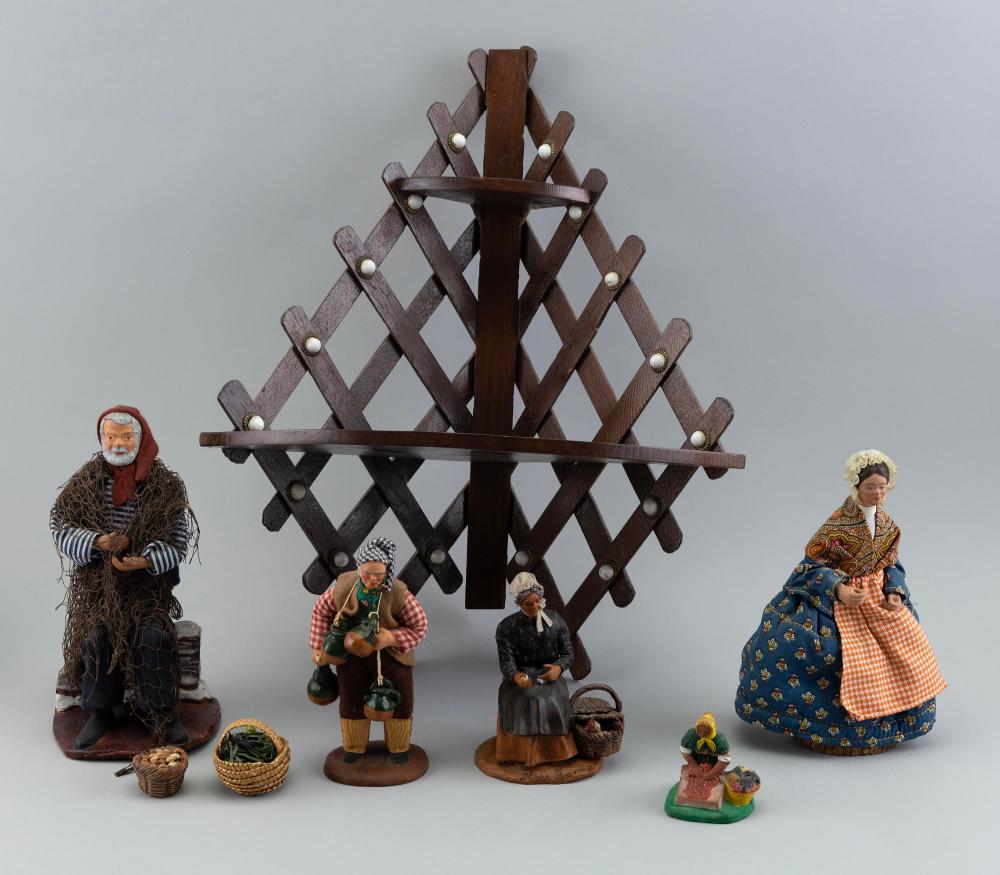 CORNER SHELF AND FOUR CARVED WOODEN