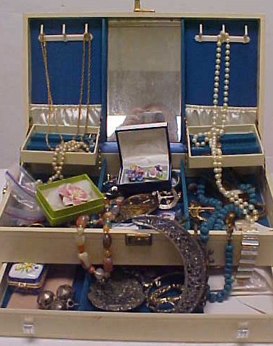 Costume jewelry in a fitted case