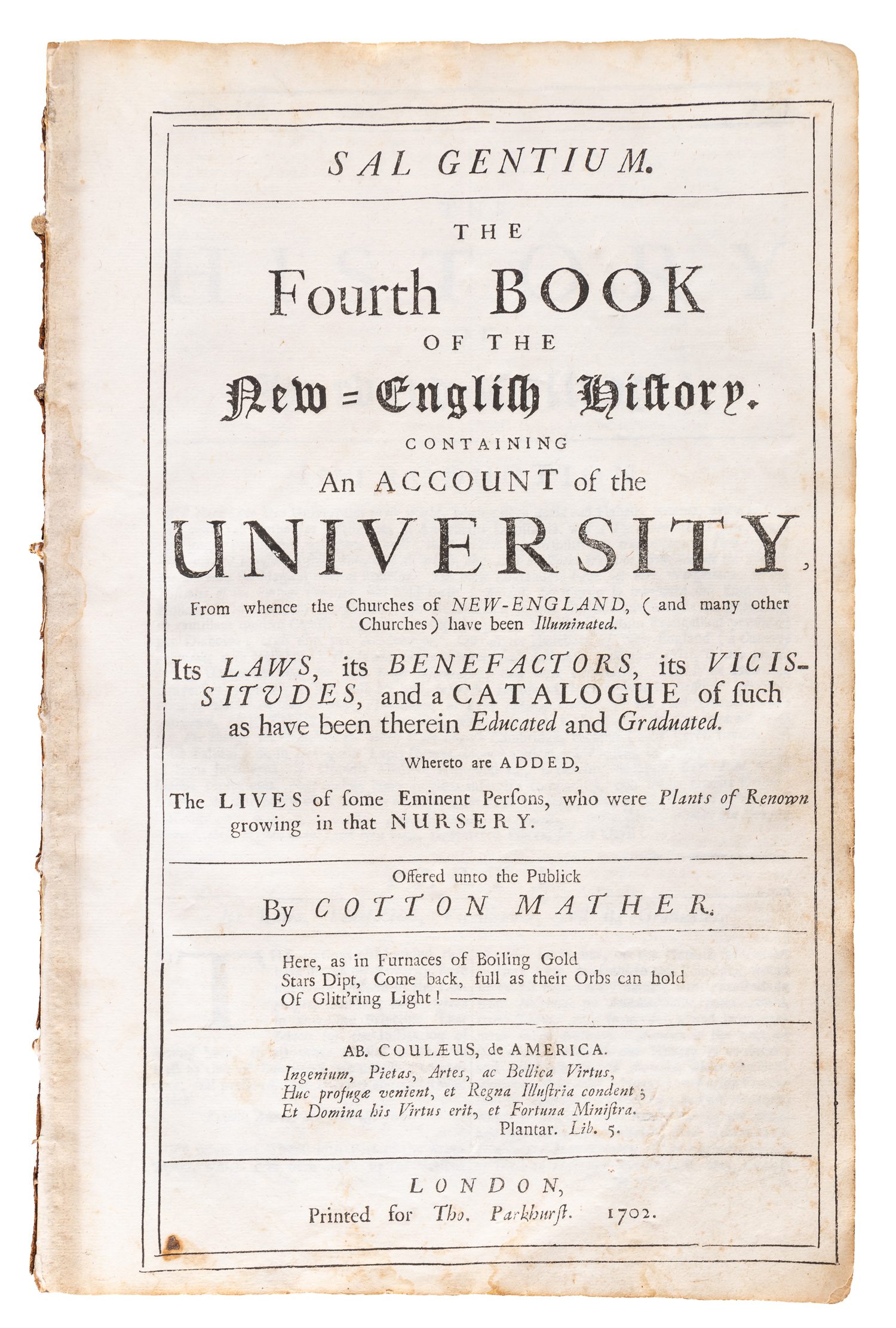 COTTON MATHER, FOURTH BOOK OF