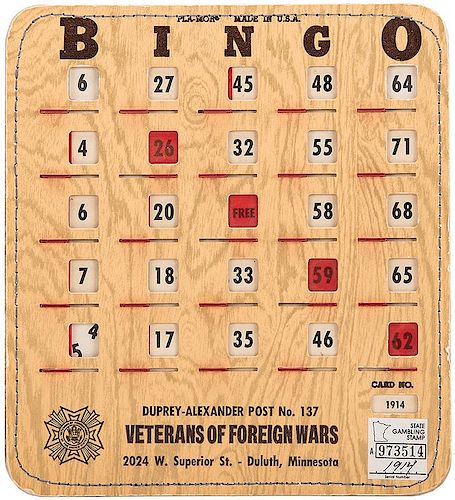COUNTERFEIT VFW BINGO CARD FOR