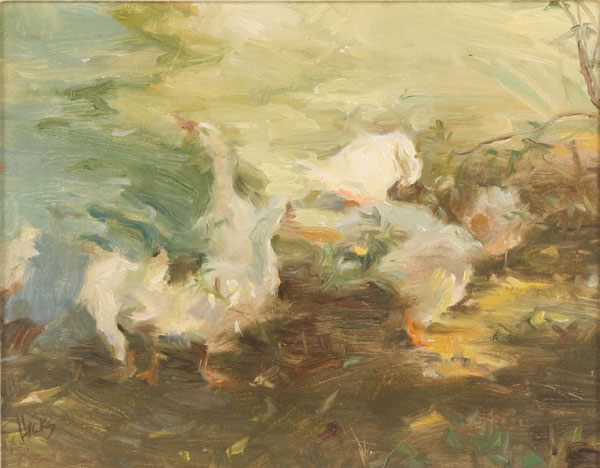 Country scene with several geese,