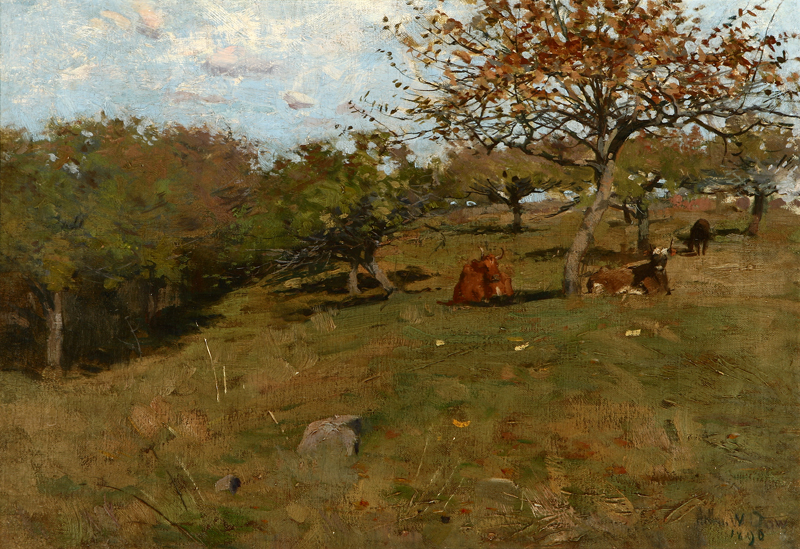 Cows resting on a hillside oil on