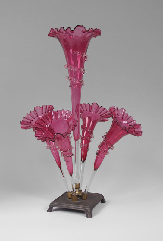 CRANBERRY GLASS EPERGNE: Five vases
